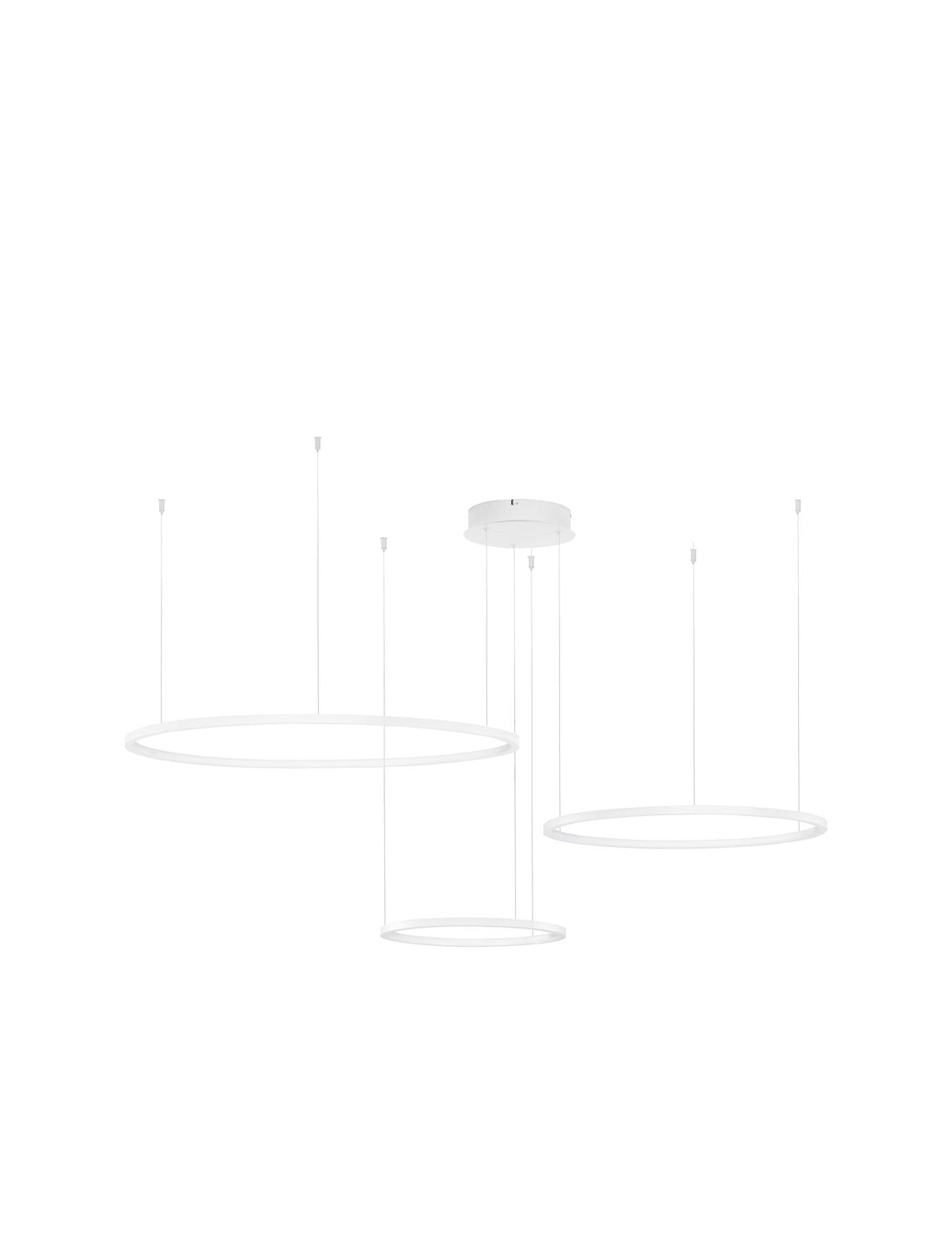 Vue d'ensemble de la suspension aux trois anneaux blancs suspendus à un grand câble central.