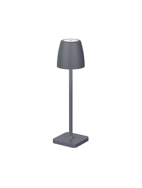 Lampe extérieure grise de face, abat-jour conique et base carrée plate