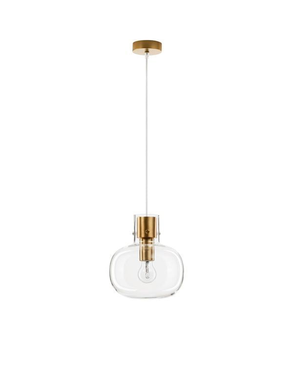 Vue d'ensemble du luminaire suspendu, câble blanc fin et rosace dorée au plafond
