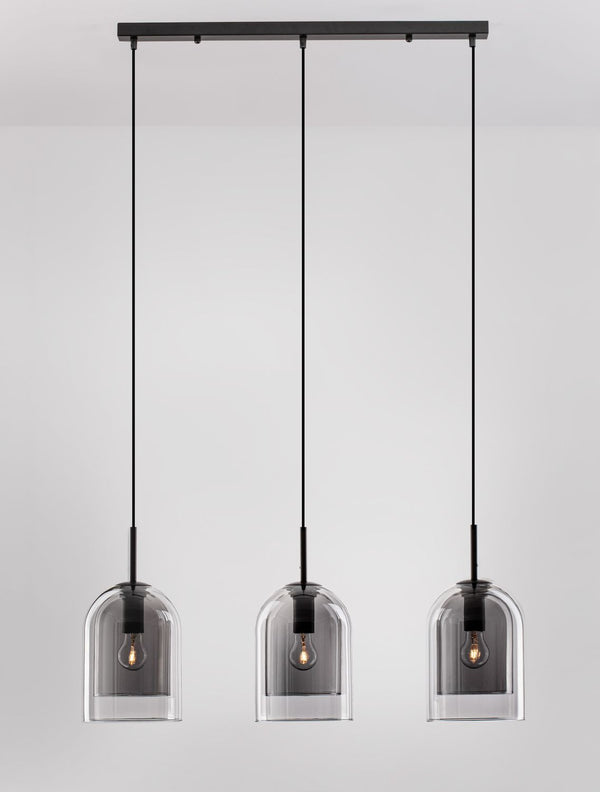 Suspension Velor 3 lumières noire et fumée, verre, H 158 cm
