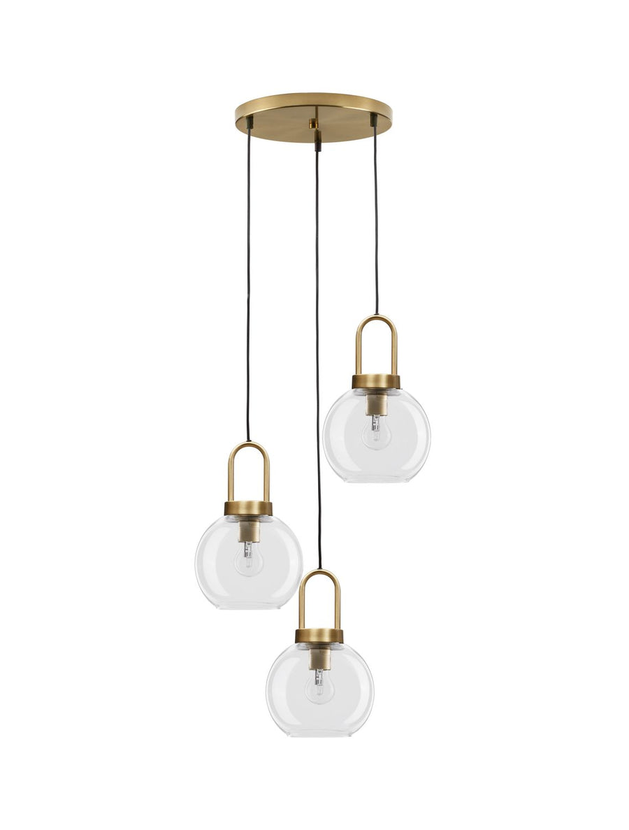 Vue de face sur fond blanc du luminaire à trois globes transparents