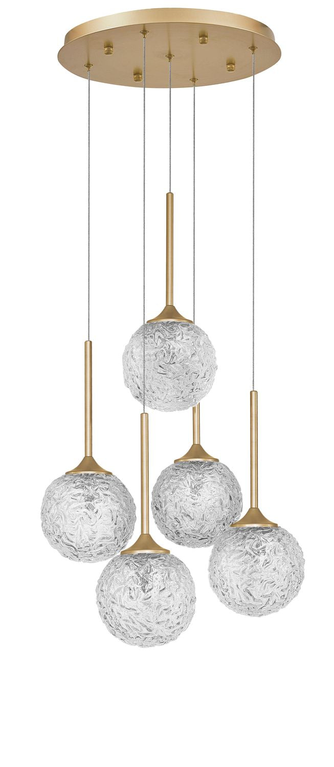 Vue de face du luminaire sur fond blanc, cinq boules et platine dorée
