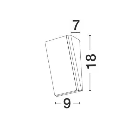 Schéma technique coté de l'applique : largeur 9, hauteur 18 et profondeur 7 centimètres.