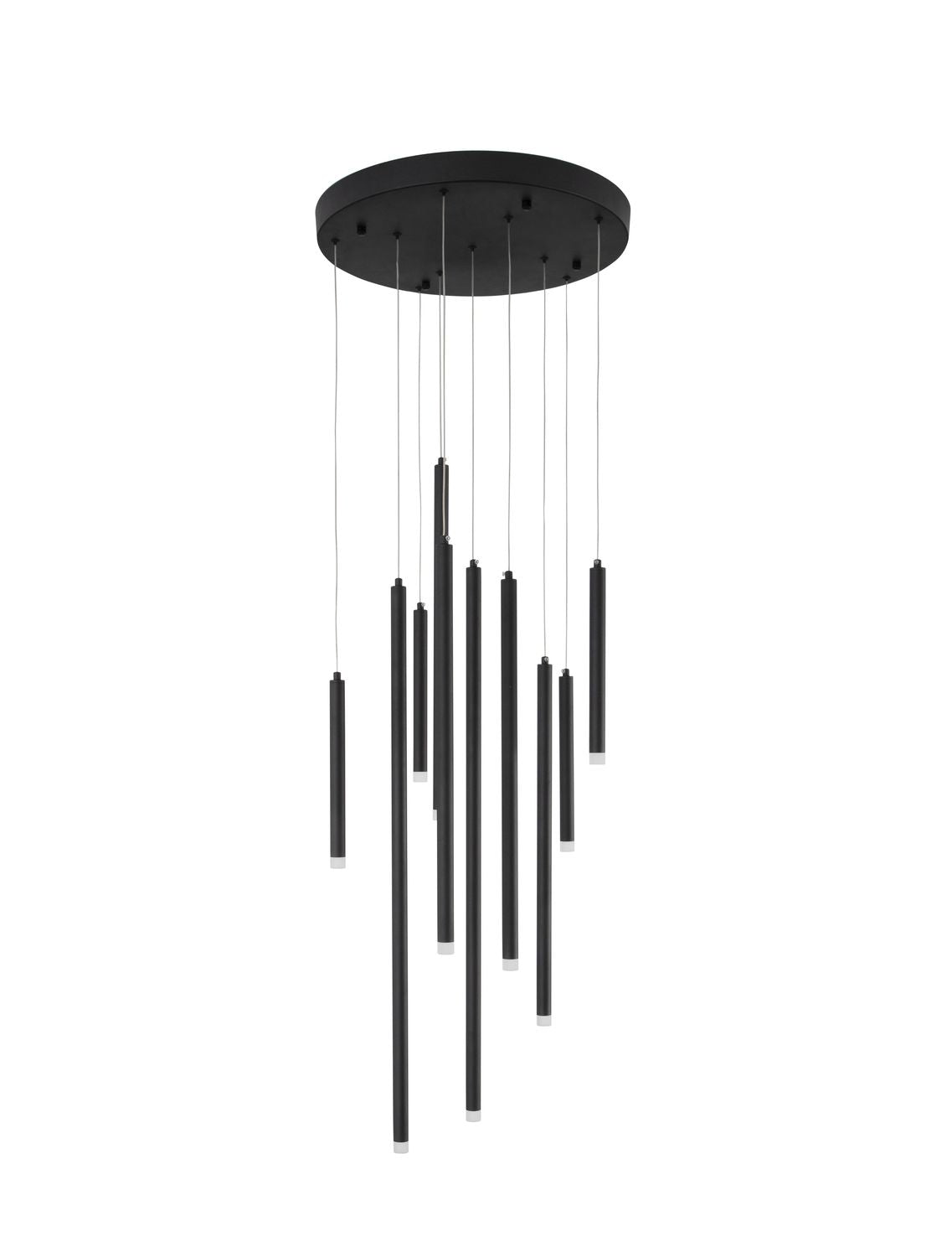 Produit de face sur fond blanc, socle rond et tubes noirs suspendus