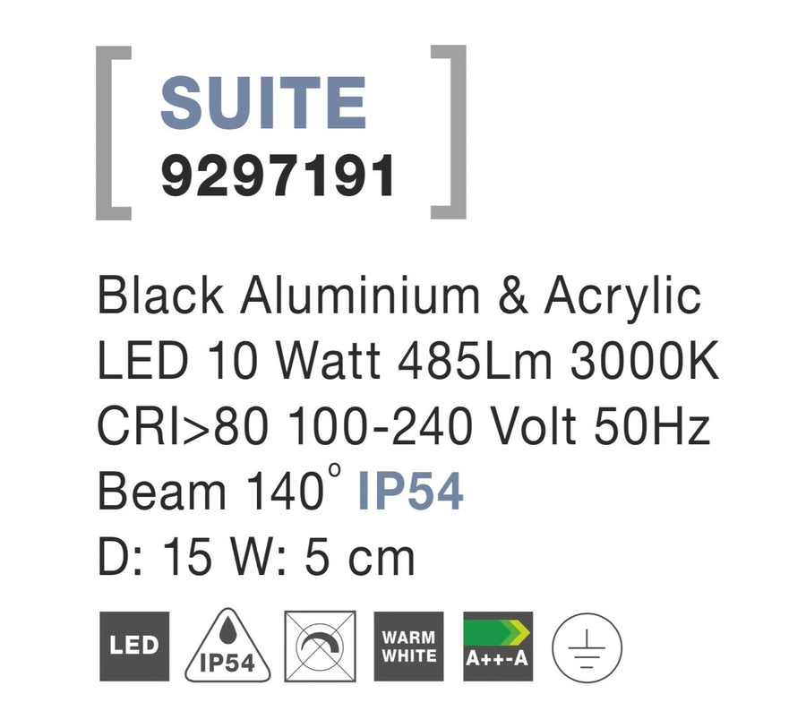 Fiche technique indiquant aluminium noir, LED dix watts, IP54 et dimensions