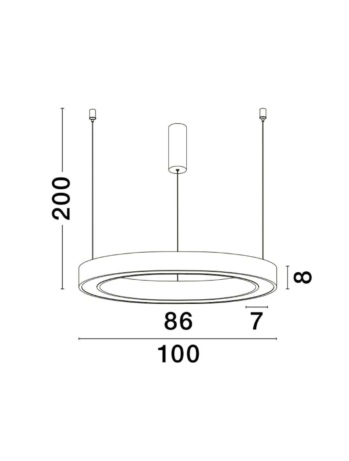Schéma coté du luminaire avec diamètre 100, hauteur 200 et épaisseur