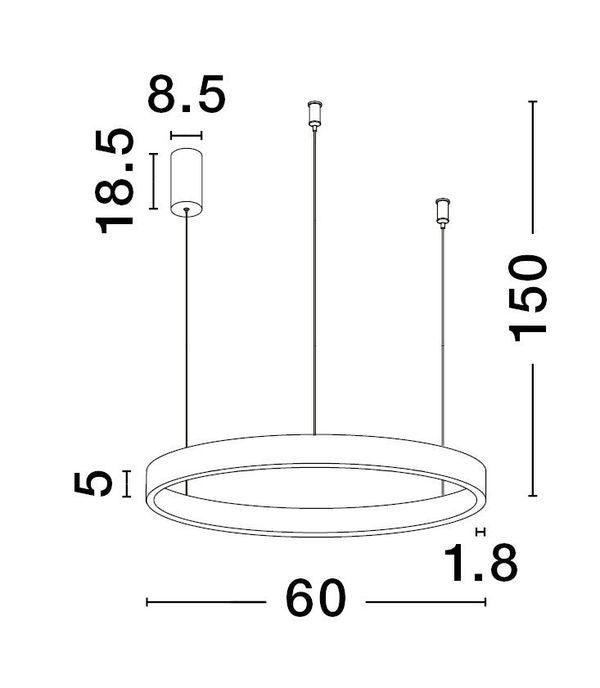 Schéma technique coté : hauteur 150 cm, diamètre 60 cm et rosace de 18,5 cm