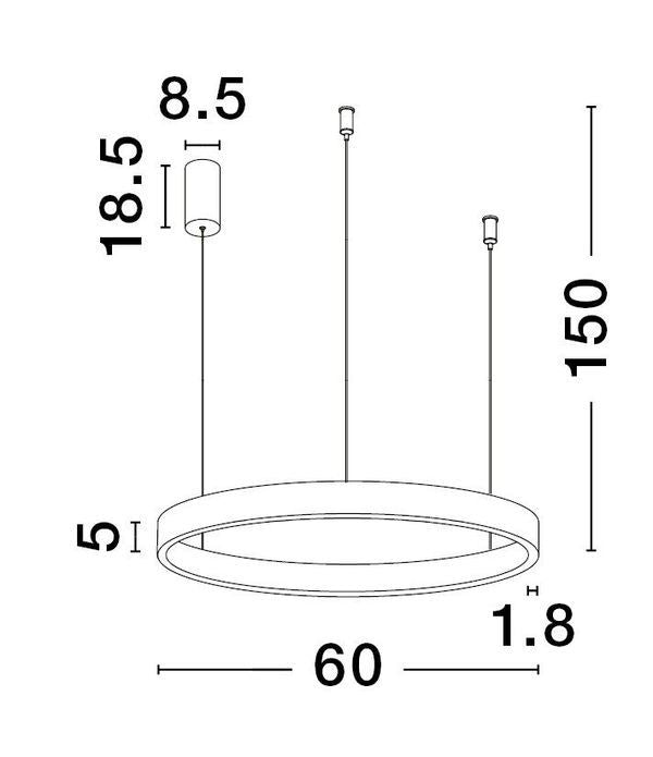Schéma coté : diamètre 60 cm, hauteur 150 cm, anneau 5 cm