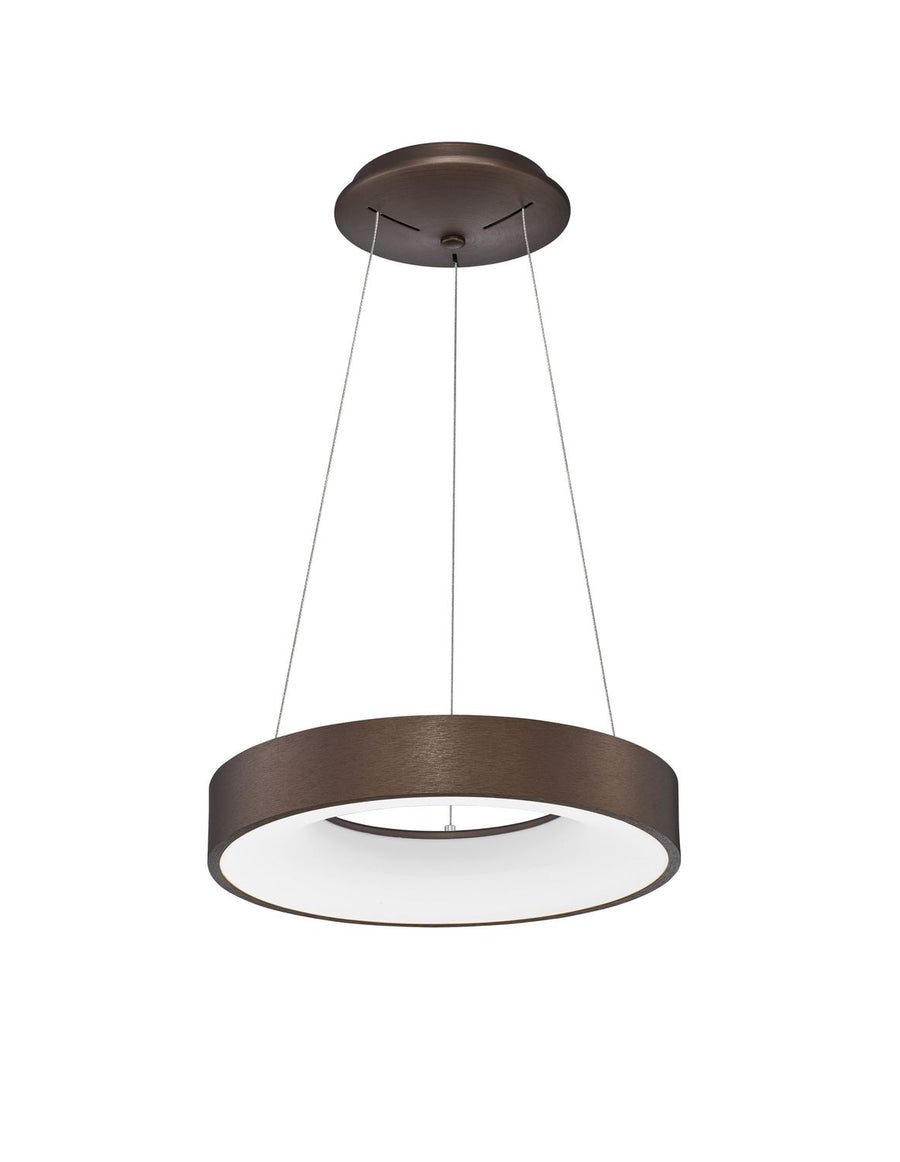 Vue de face du luminaire sur fond blanc, trois câbles fins et rosace