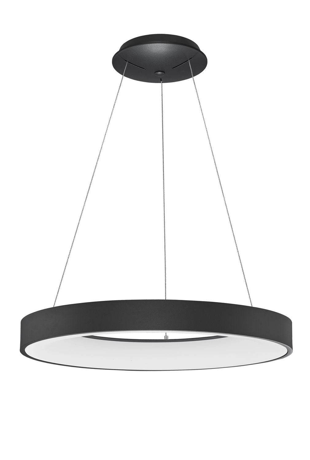 Vue de face de la suspension noire et son grand diffuseur blanc