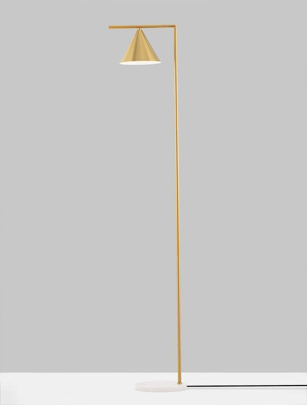 Profil du lampadaire doré avec abat-jour conique et base marbre
