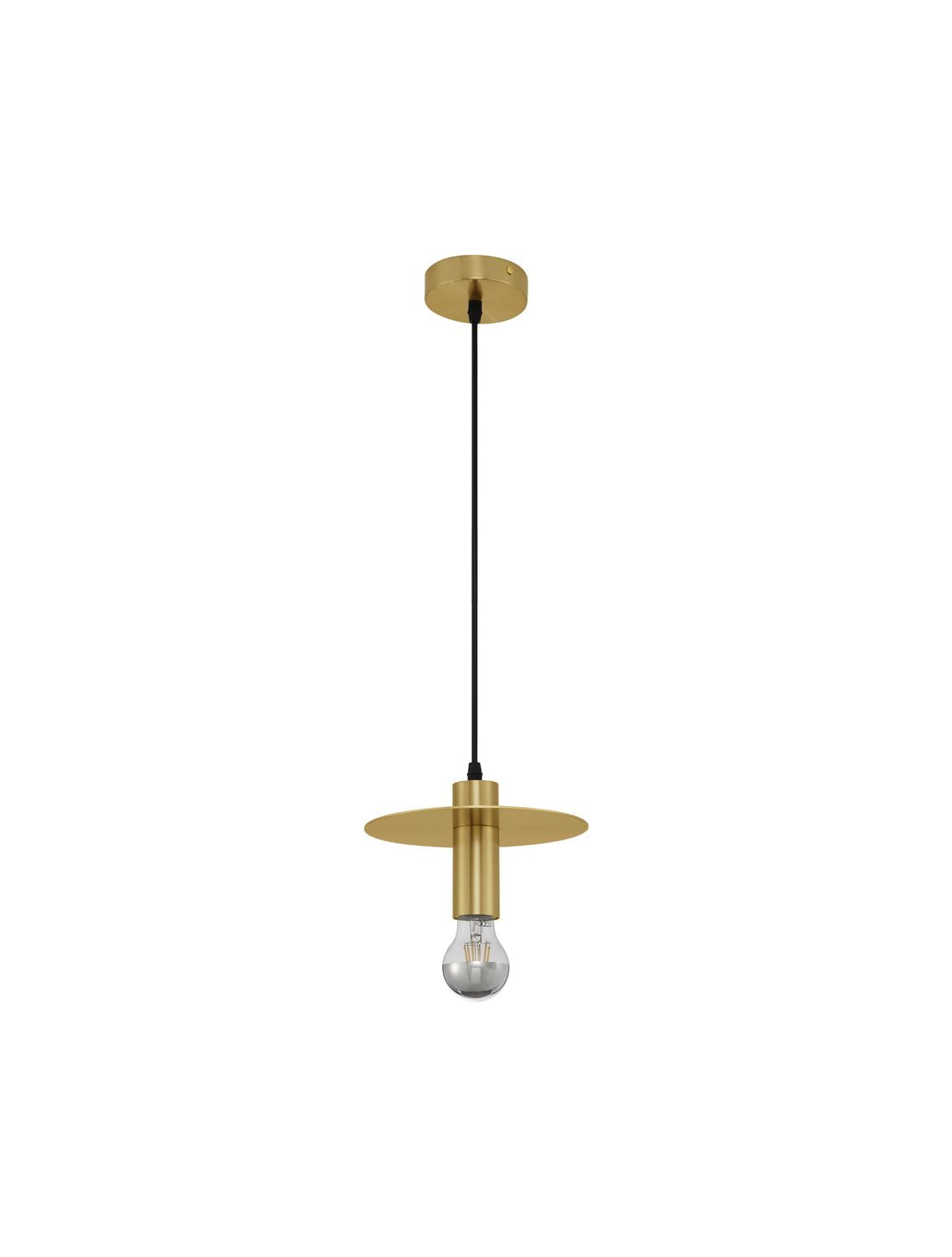Vue de face de la suspension dorée sur fond blanc, ampoule transparente visible