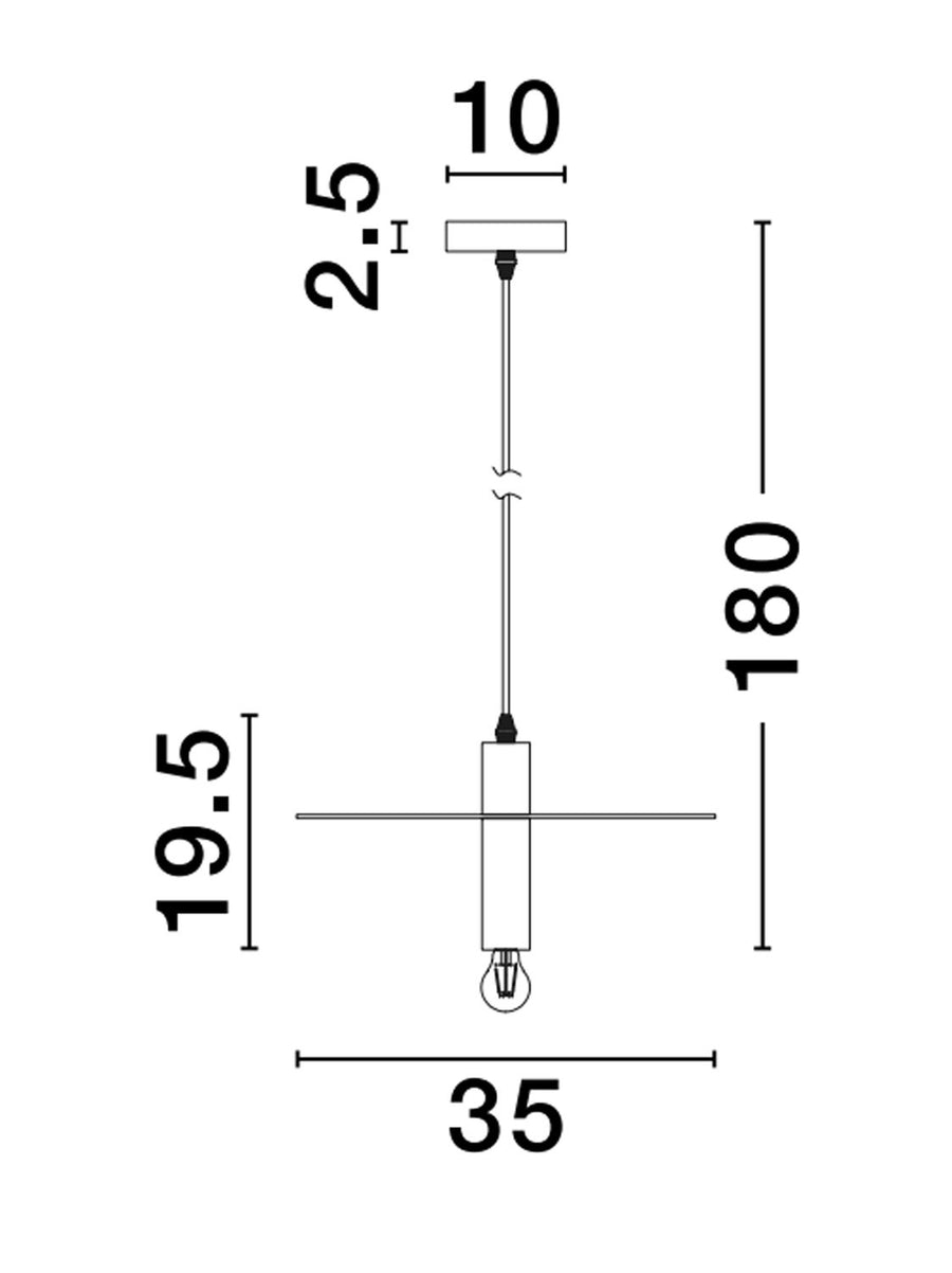 Schéma technique coté : hauteur 180 cm, diamètre 35 cm, rosace 10 cm.