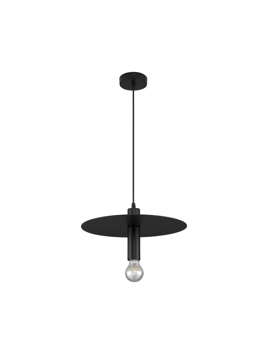 Vue de face sur fond blanc du luminaire avec câble, rosace et ampoule