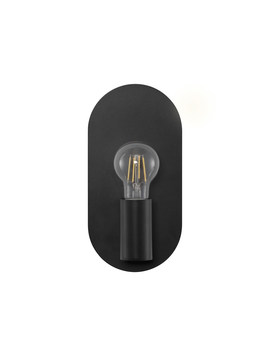 Produit de face sur fond blanc, plaque ovale noire et ampoule transparente