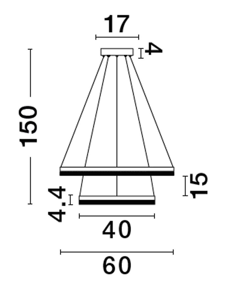Schéma technique coté indiquant hauteur 150 cm, diamètres 60 et 40 cm