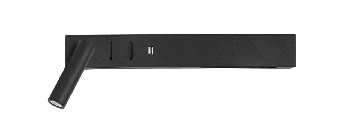 Vue de face de l'applique noire avec bras cylindrique orientable et port USB.