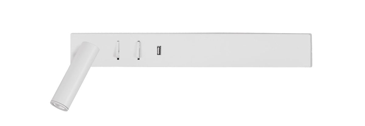 Vue de face du bandeau blanc avec deux prises USB et liseuse orientable