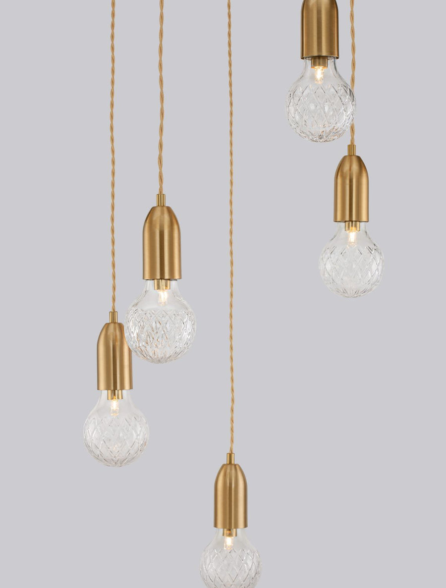 Suspension Veda 5 lumières laiton, verre, H 150 cm