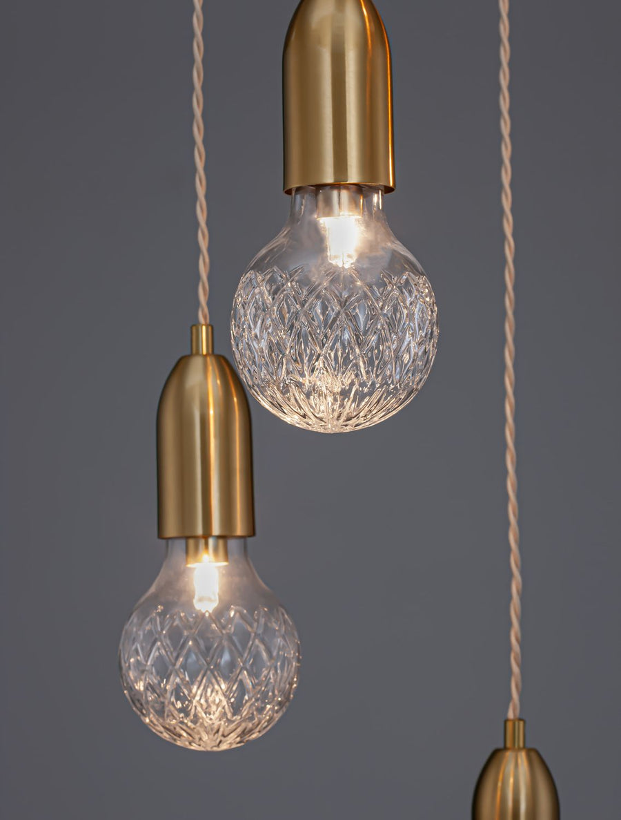 Suspension Veda 5 lumières laiton, verre, H 150 cm