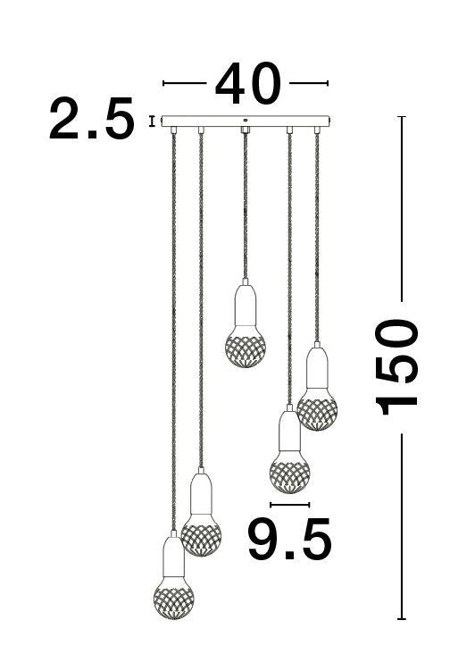 Suspension Veda 5 lumières laiton, verre, H 150 cm