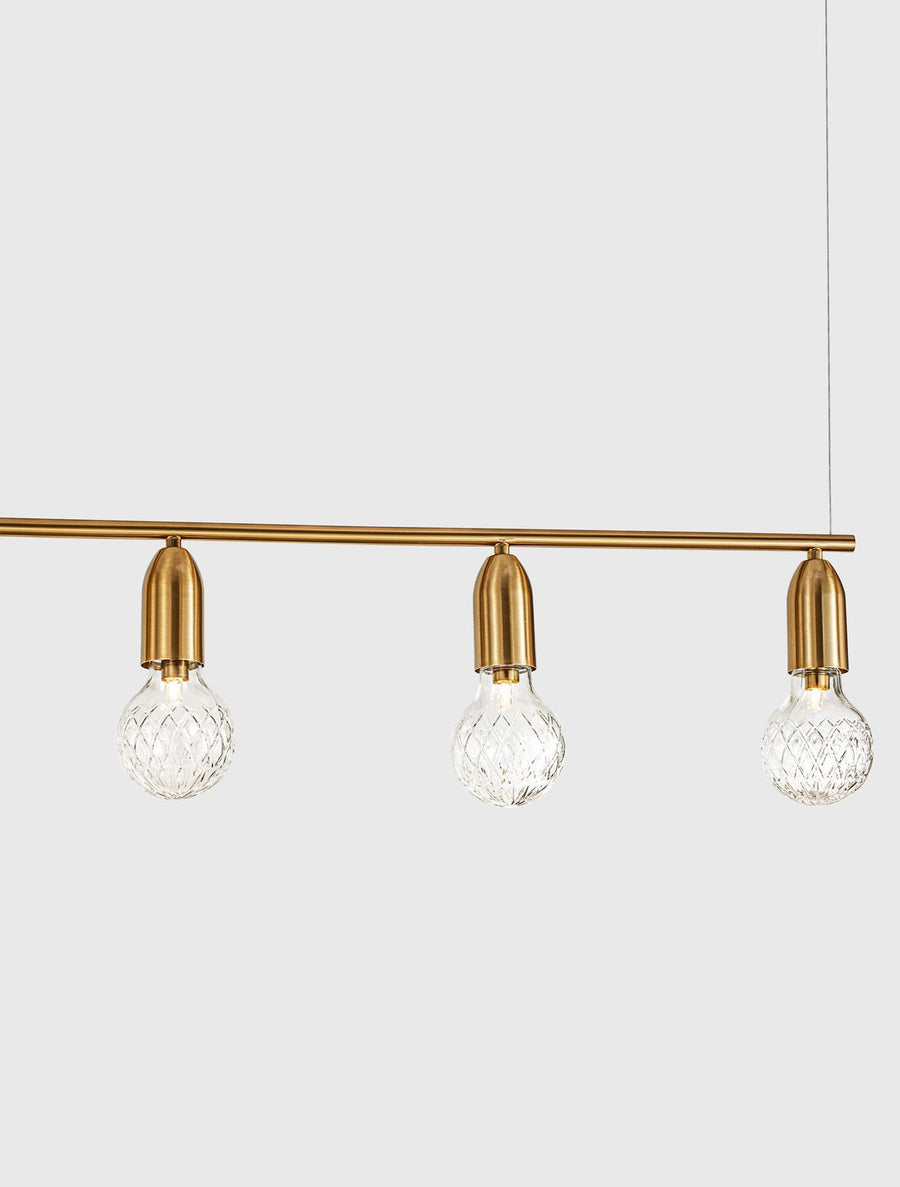 Suspension Veda 5 lumières laiton, verre, L 128 cm