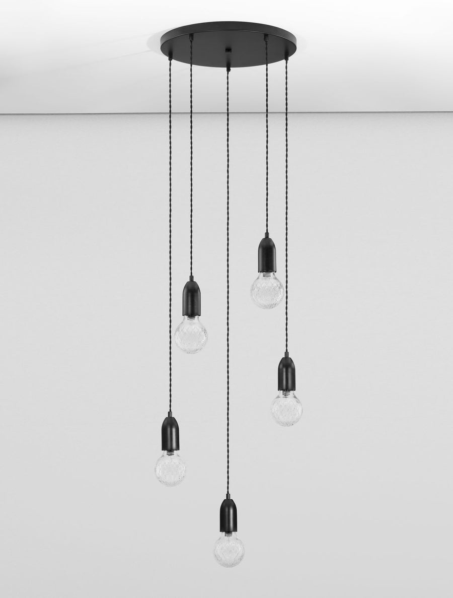 Suspension Veda 5 lumières noire, verre, H 150 cm