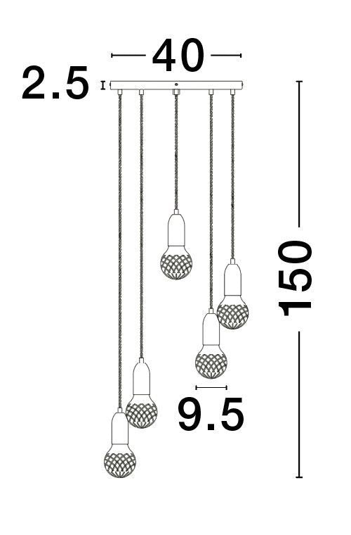 Suspension Veda 5 lumières noire, verre, H 150 cm