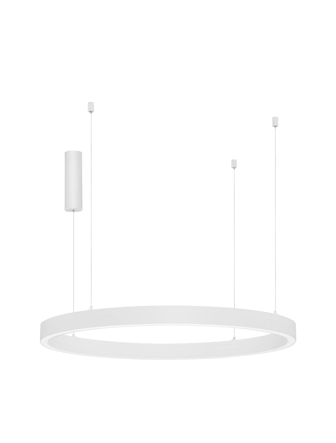Vue de face du luminaire suspendu blanc sur fond blanc.