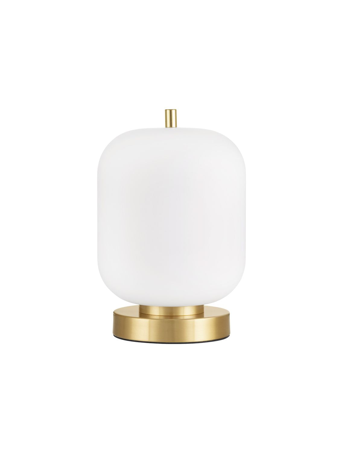 Lampe présentée de face sur fond blanc, verre opalin et socle doré