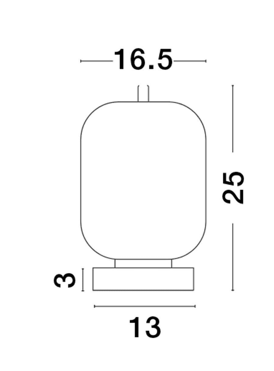 Schéma coté indiquant 16,5 cm de large, 25 cm de haut et 13 cm de base