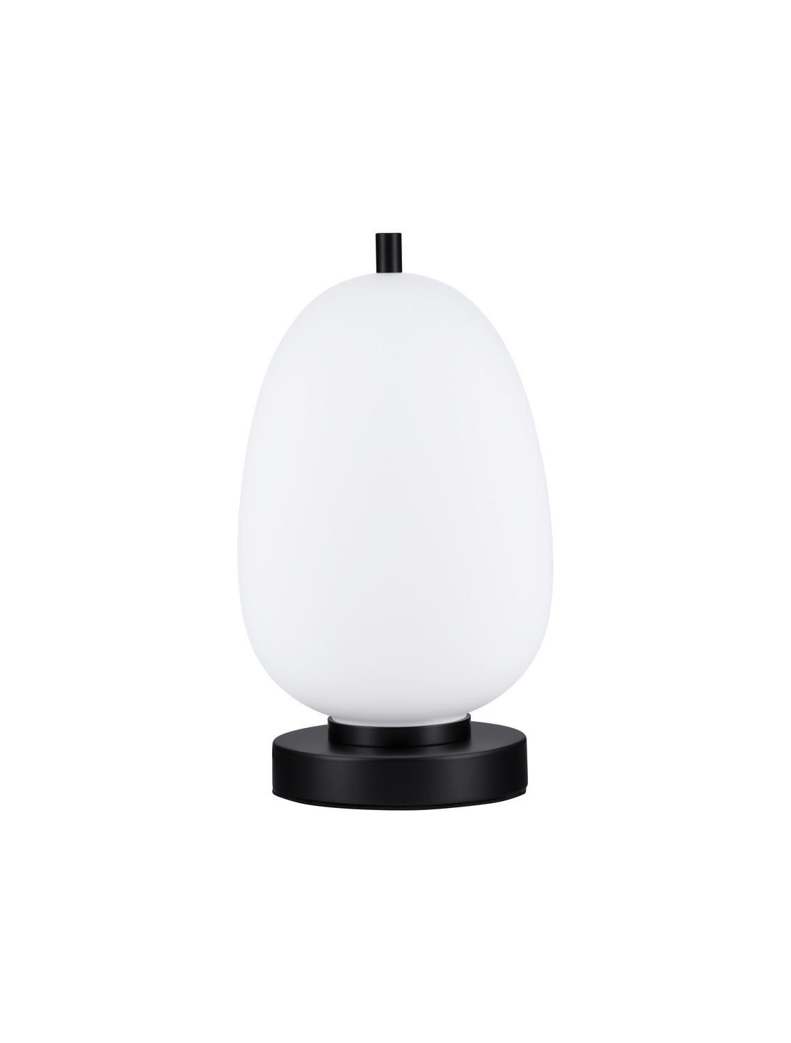 Produit isolé sur fond blanc, lampe à poser au globe blanc et socle noir.
