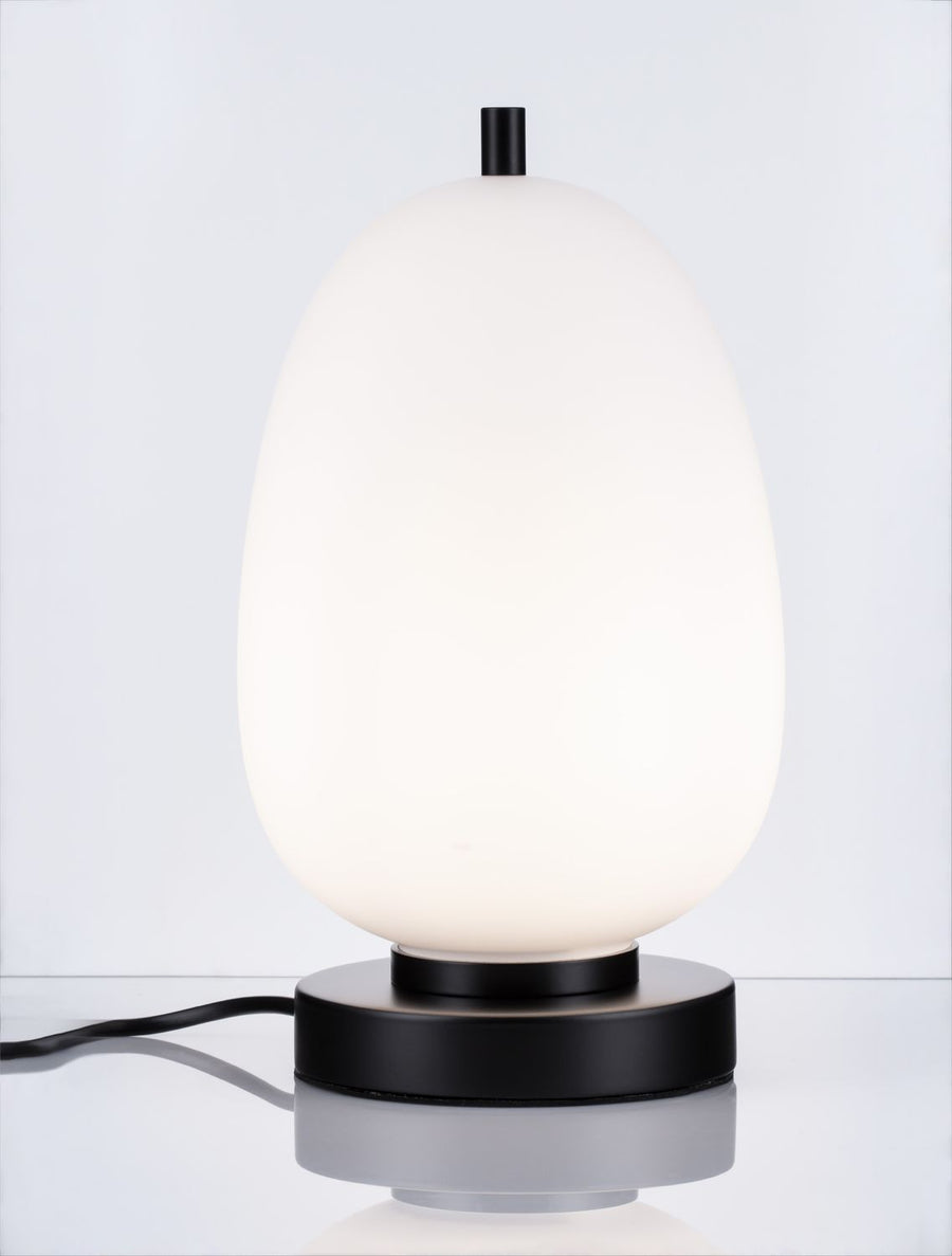 Lampe allumée, globe lumineux blanc, base noire, vue de face sur fond gris.