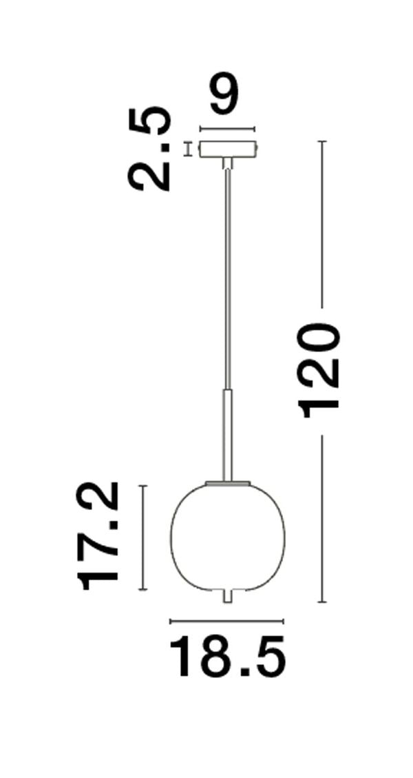 Schéma technique indiquant 120 cm de hauteur et 18,5 cm de diamètre pour la sphère.