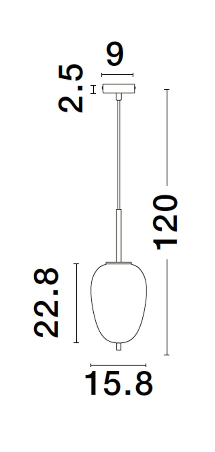 Schéma coté de la suspension : hauteur 120 cm, diamètre 15,8 cm et rosace 9 cm.