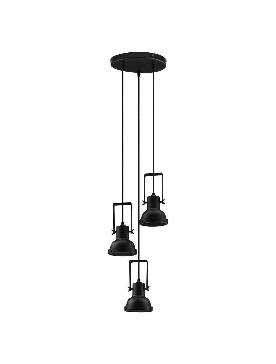 Produit seul sur fond blanc, trois projecteurs noirs suspendus à des câbles
