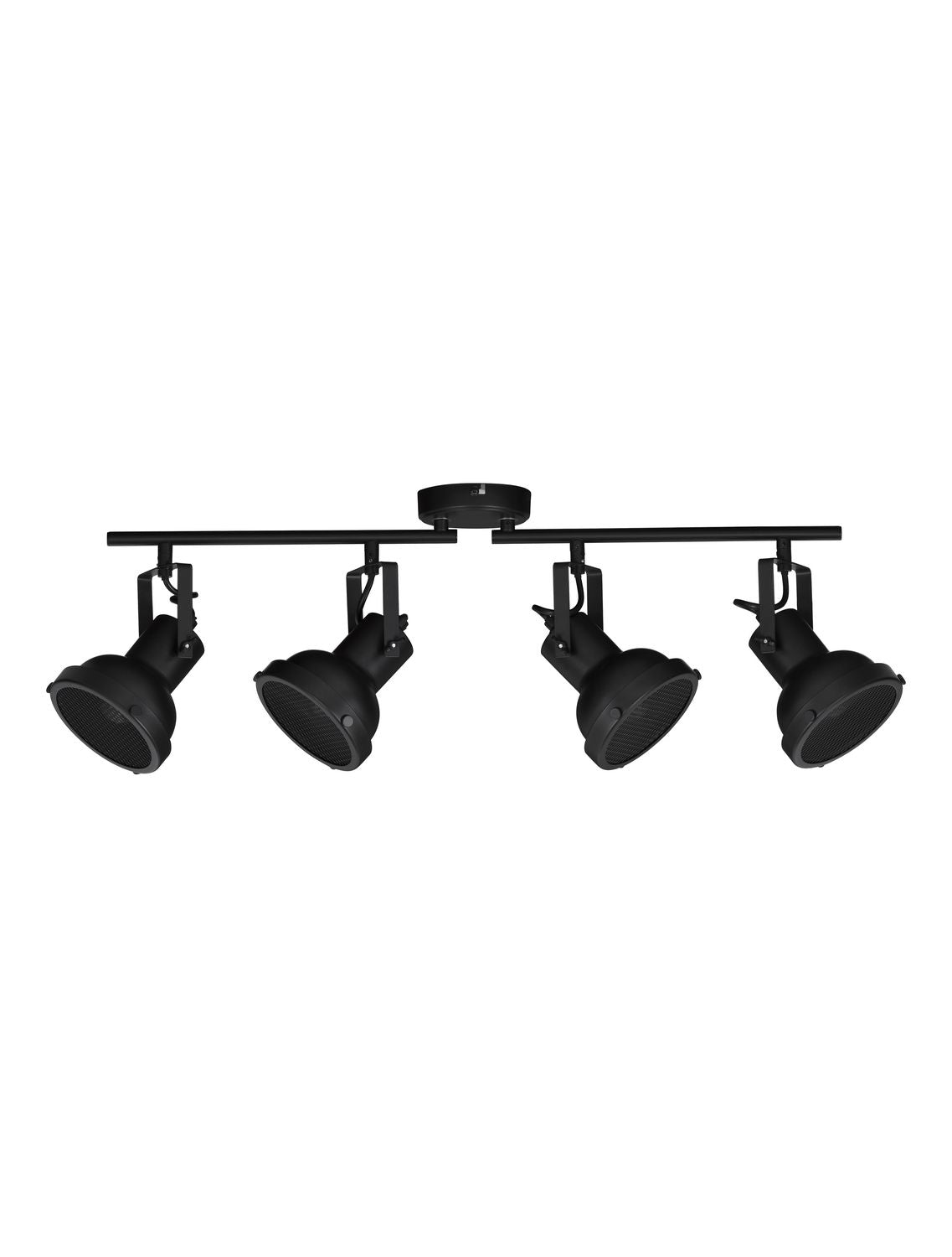 Produit de face sur fond blanc, rail noir avec quatre projecteurs orientables