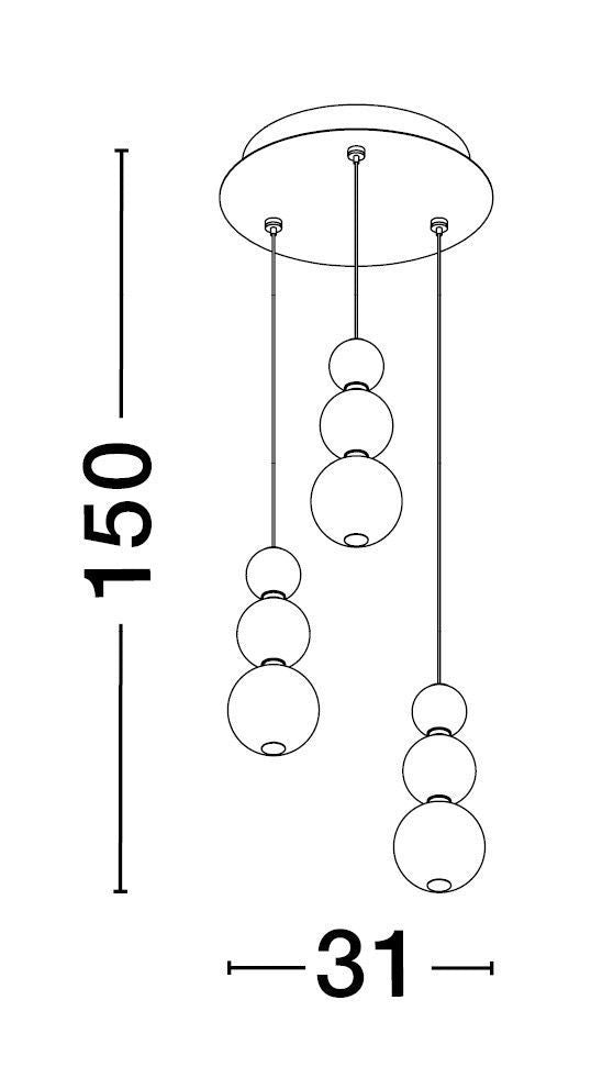 Schéma technique coté de la suspension indiquant une hauteur de 150 cm.