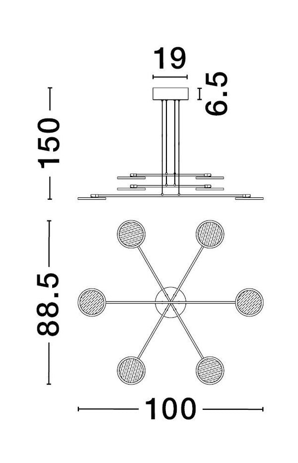 Schéma coté du luminaire avec hauteur, largeur et rosace de plafond