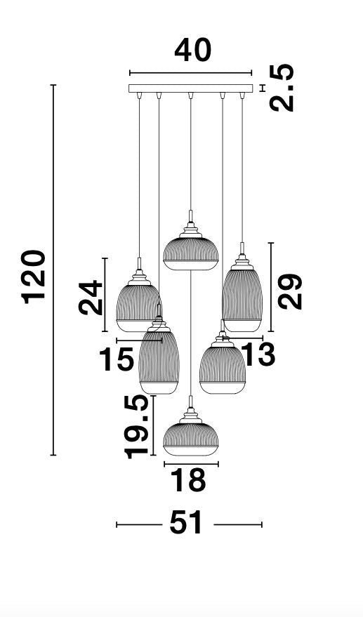 Schéma technique coté du luminaire, hauteur totale et diamètres des suspensions