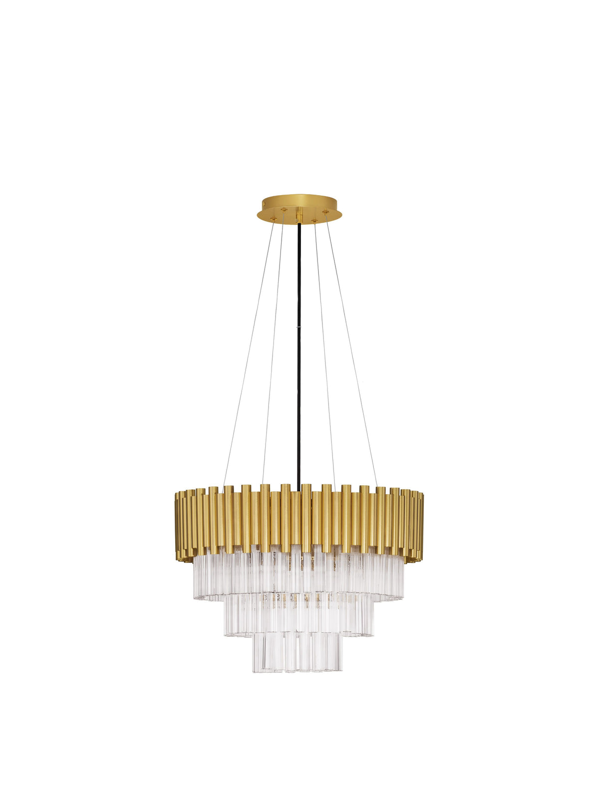 Vue de face du luminaire suspendu doré avec ses tiges en cristal transparent.