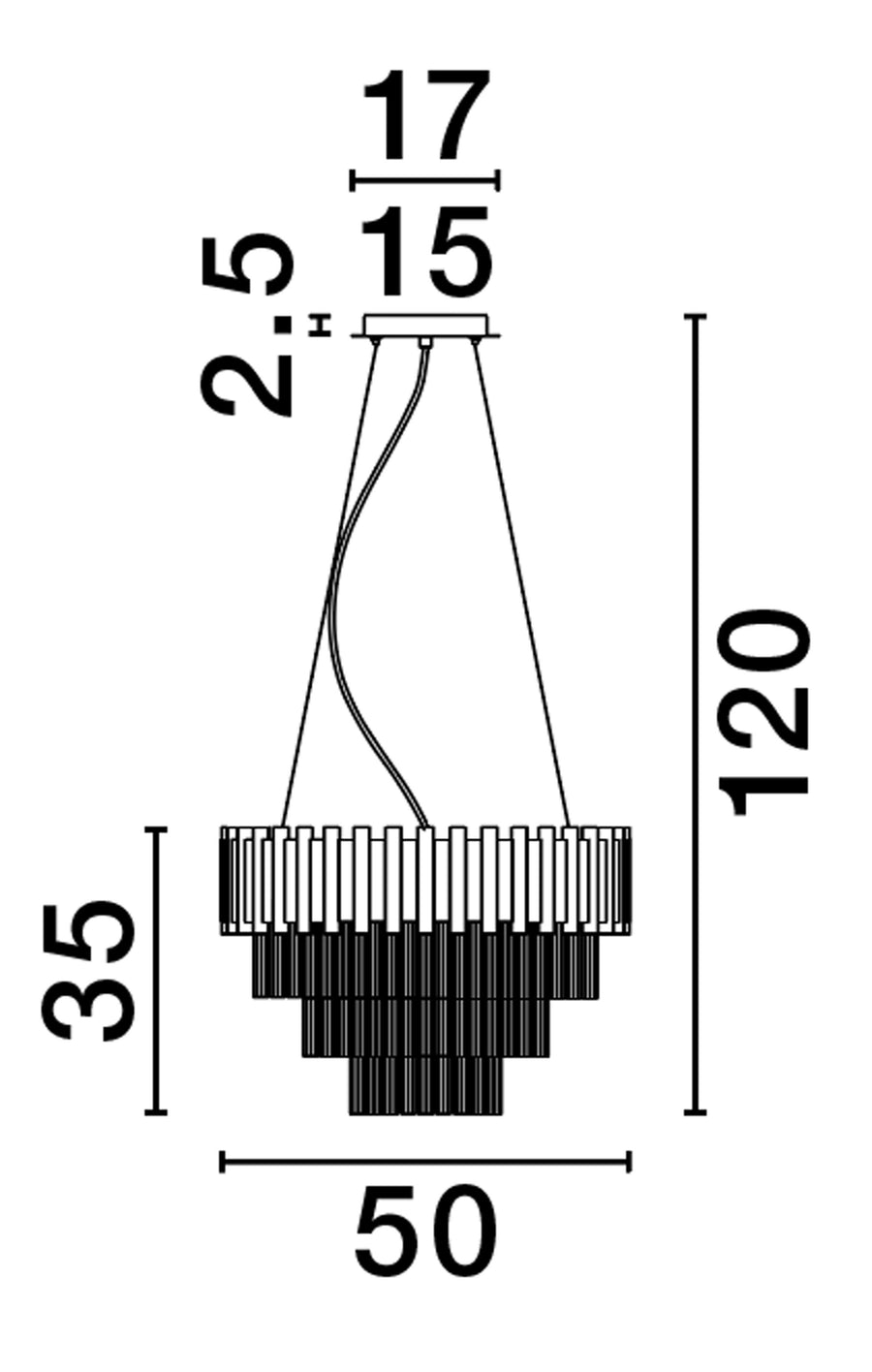 Schéma technique coté : diamètre 50 cm, hauteur 35 cm et hauteur totale 120 cm.