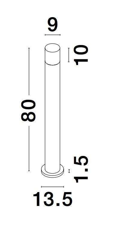 Schéma coté de la borne : hauteur 80 cm, diamètre 9 cm, base 13,5 cm.