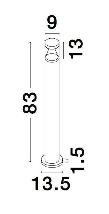 Schéma coté du luminaire : hauteur 83 cm, largeur 9 cm, base 13,5 cm.