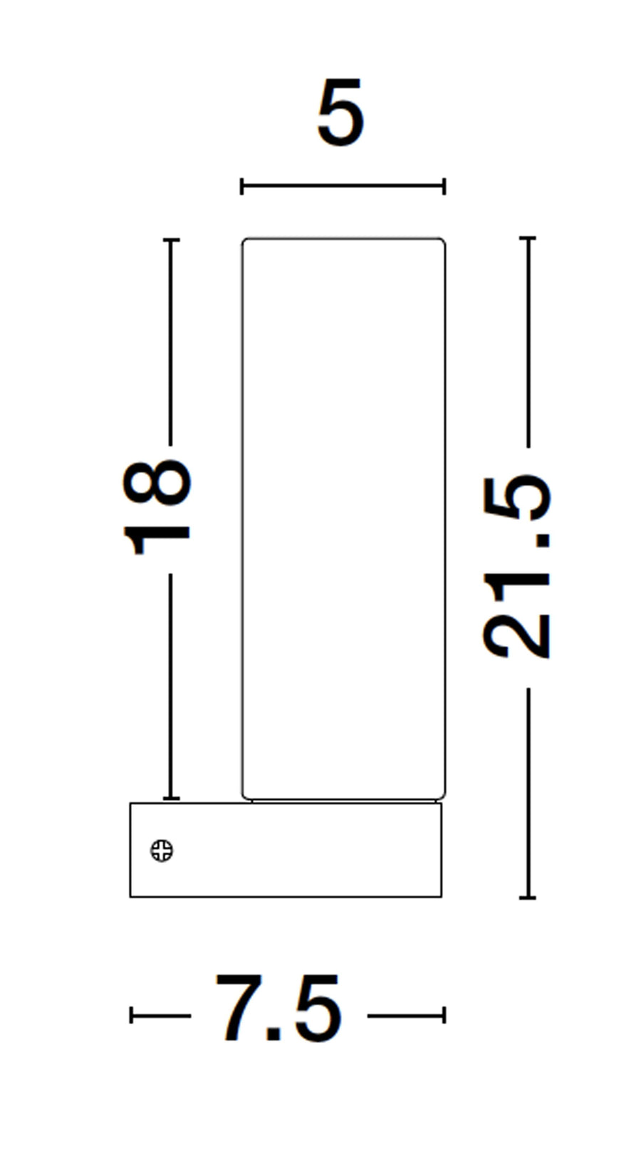 Schéma coté de l'applique murale : largeur 5 cm, hauteur totale 21,5 cm, profondeur 7,5 cm.