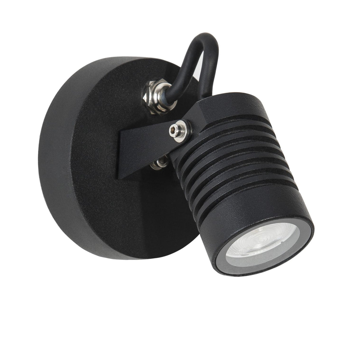 Produit de face : applique noire avec support rond et projecteur cylindrique nervuré