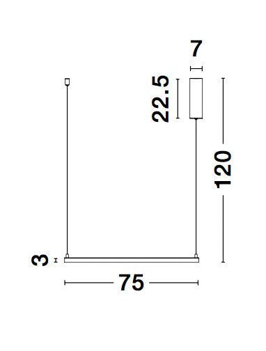 Schéma technique coté de la suspension carrée, largeur 75 cm et hauteur 120 cm.