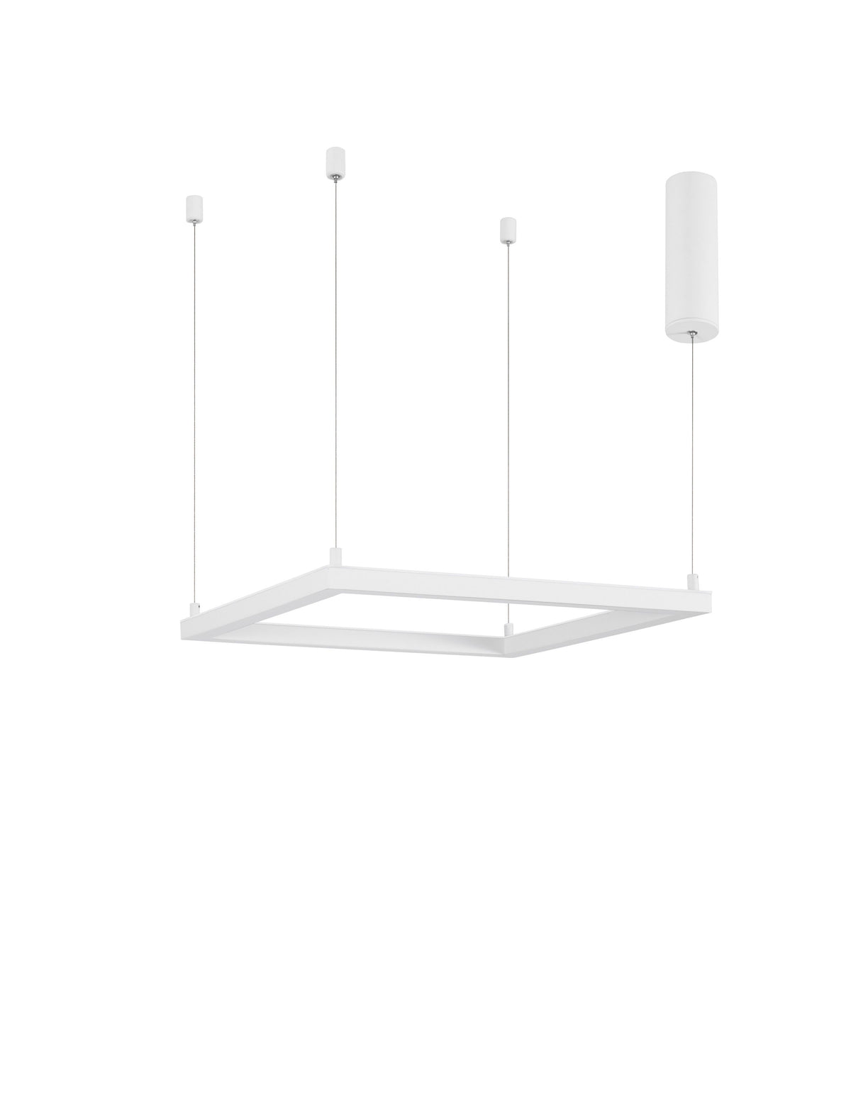Vue de face du luminaire carré blanc suspendu par quatre câbles fins
