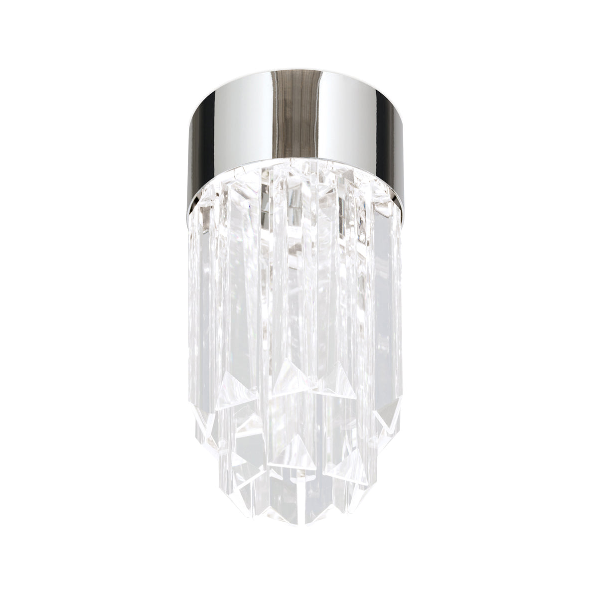 Version chromée du même luminaire présentée de face, monture argentée et verre cannelé