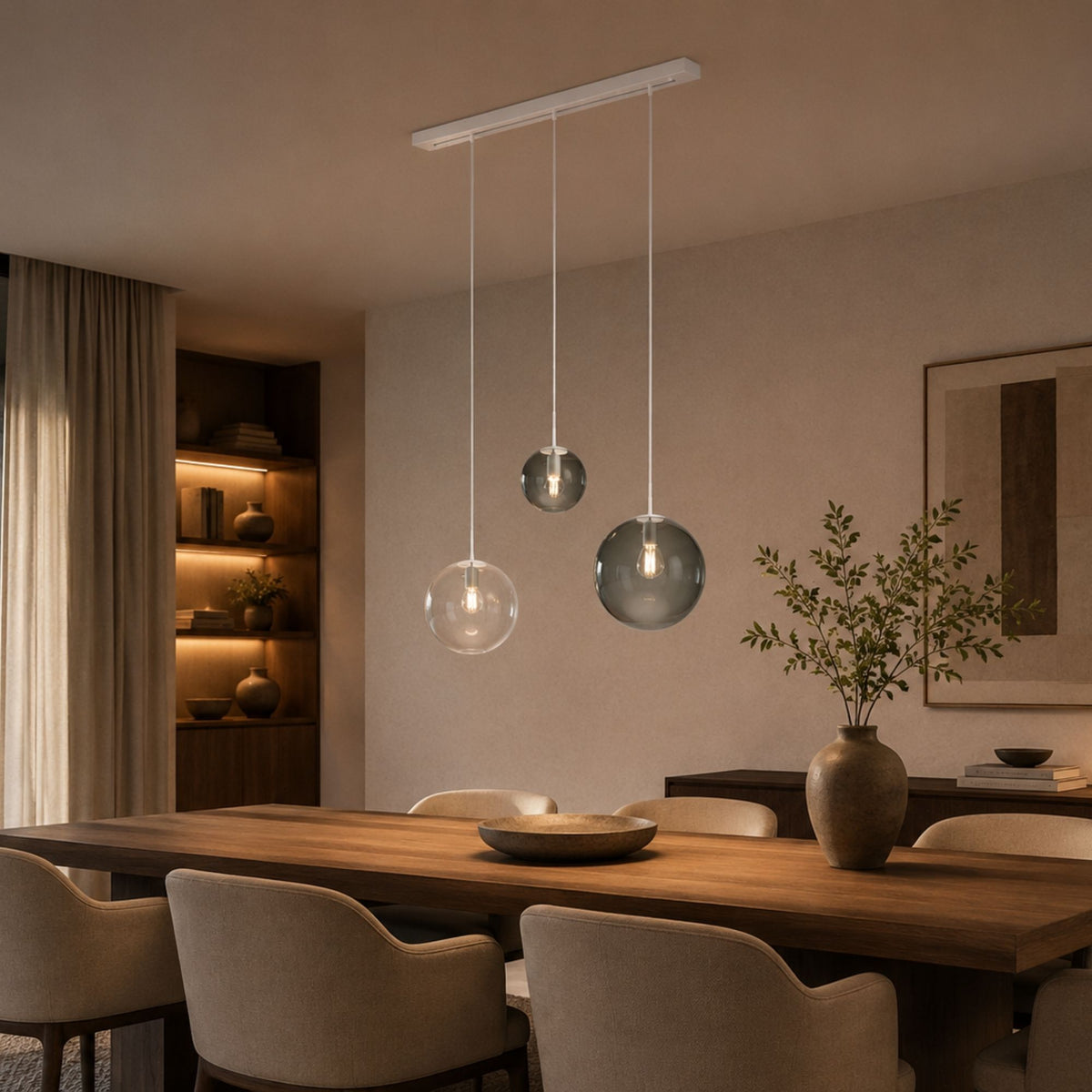 Suspension de table Orb 3 lumières, longueur 120 cm, verres Ø 20, 30 et 40 cm